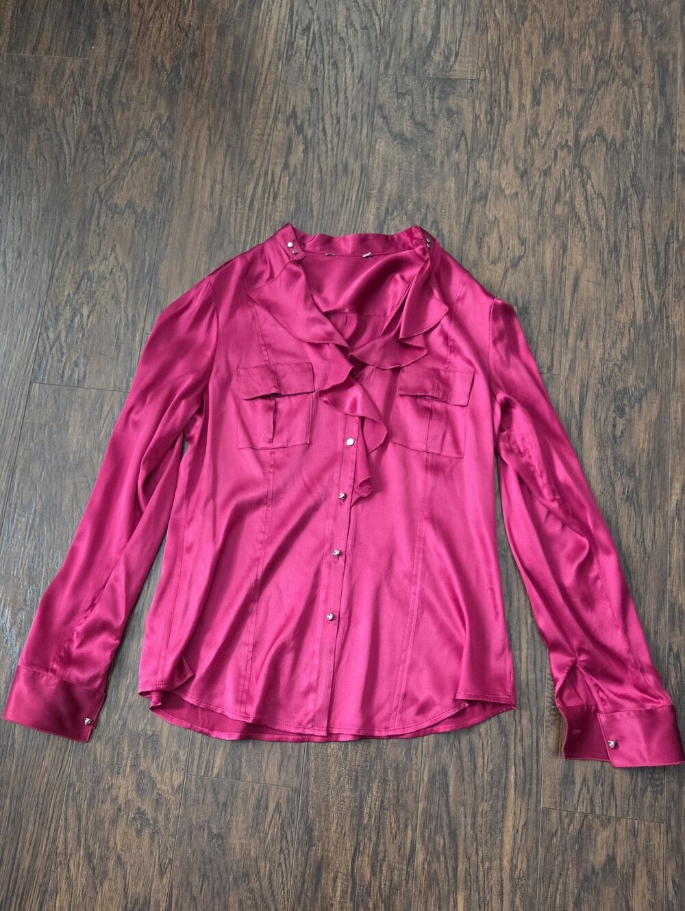 White House Black Market Red Silk Ruffle-Front Blouse